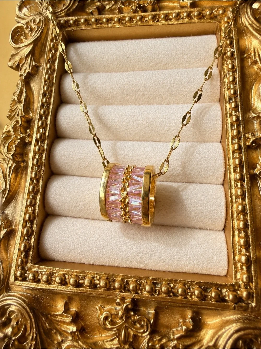 Gold Pink Crystal Elegant Pendant Necklace